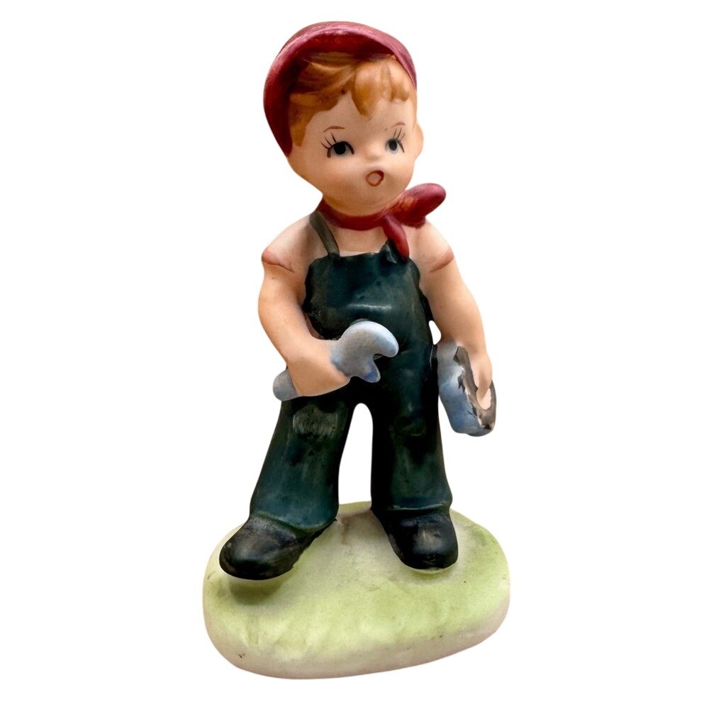 Vintage Ceramic Boy Figurine Mechanic Theme Mid-century charm